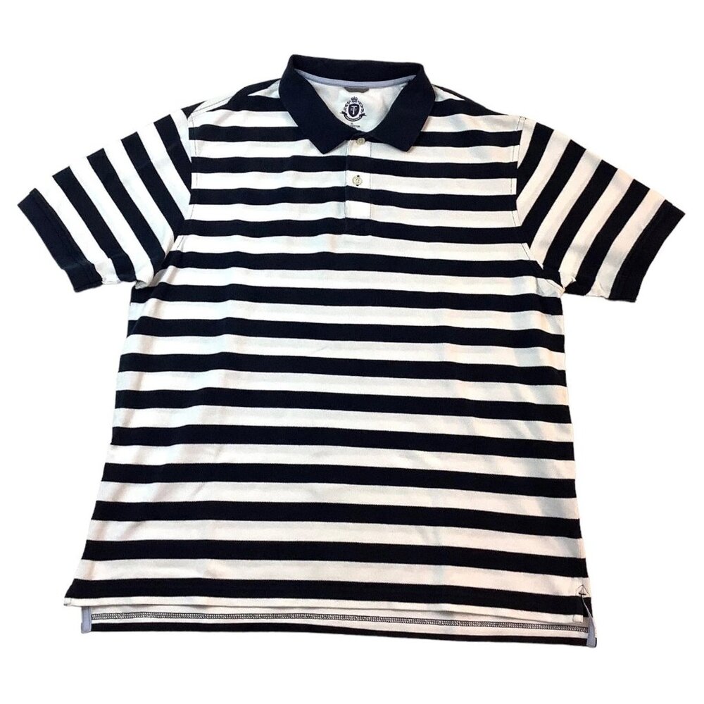 RTY Trademark Short Sleeve Polo Rugby Shirt White Blue Stripe Mens Size XL
